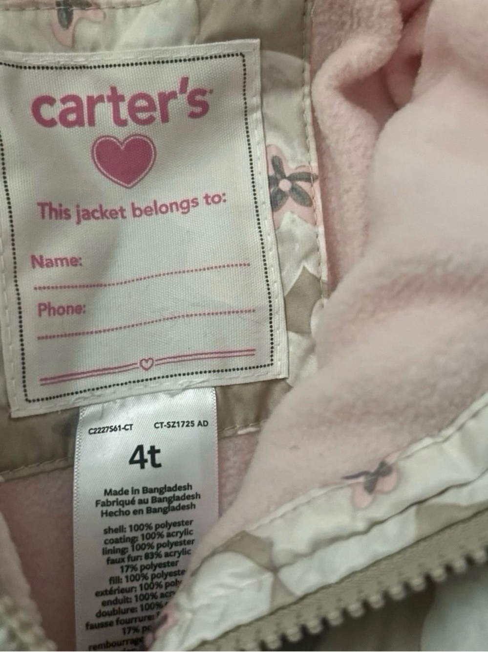 Toddler Girl Beige Floral Puffer Jacket Winter Size 4T - Picture 3 of 3